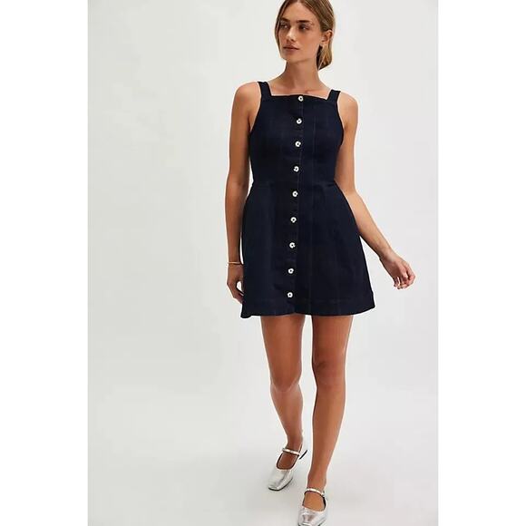 New FREE PEOPLE Gimme More Denim Mini Dress $148 X-LARGE Dark Blue Button - Picture 1 of 7
